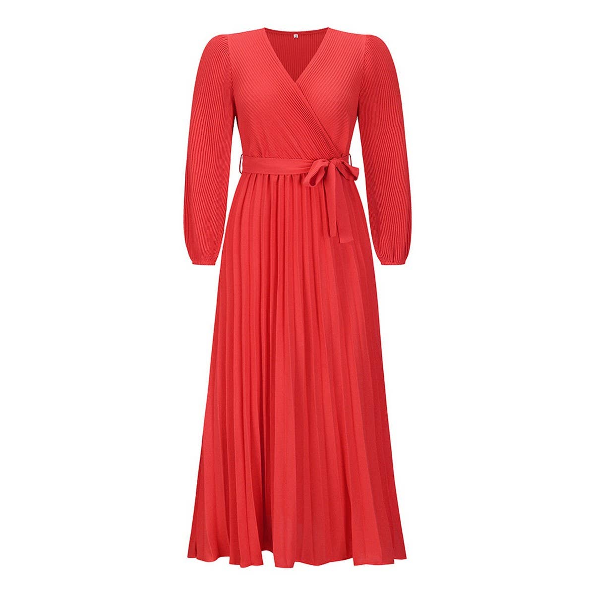 V-neck long sleeve pleated A-line long dress