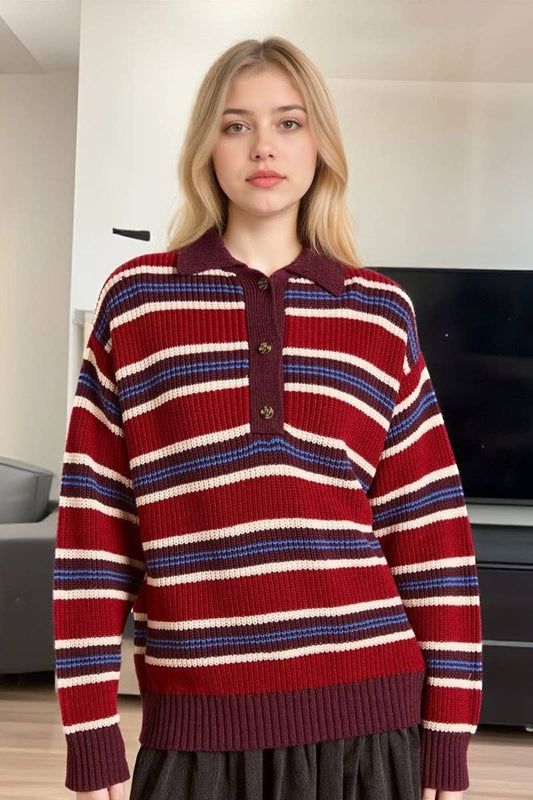 CWOSWL07738_2025 RETRO STRIPED COLORBLOCK POLO KNIT SWEATER