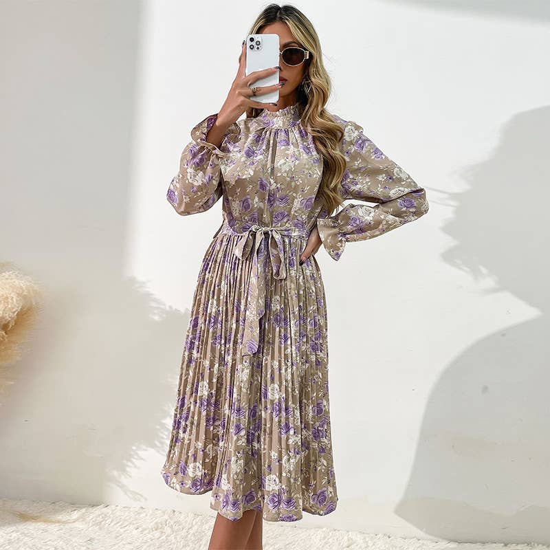 PRINTED LONG-SLEEVED HALF-TURTLENECK DRESS