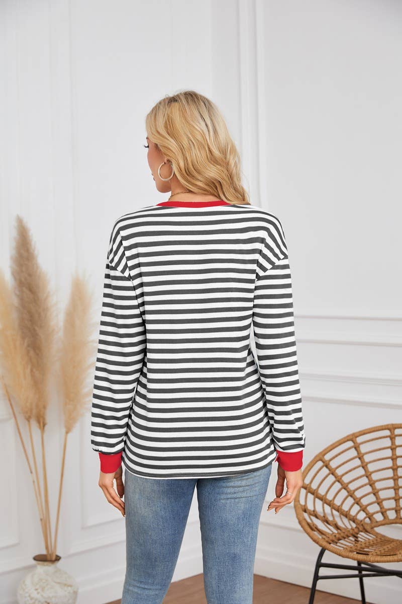 STRIPED CREW-NECK LONG-SLEEVED PULLOVER HOODIE