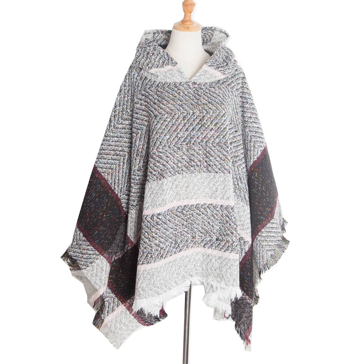 WOMEN HERRINGBONE PATTERN HOODED SHAWL