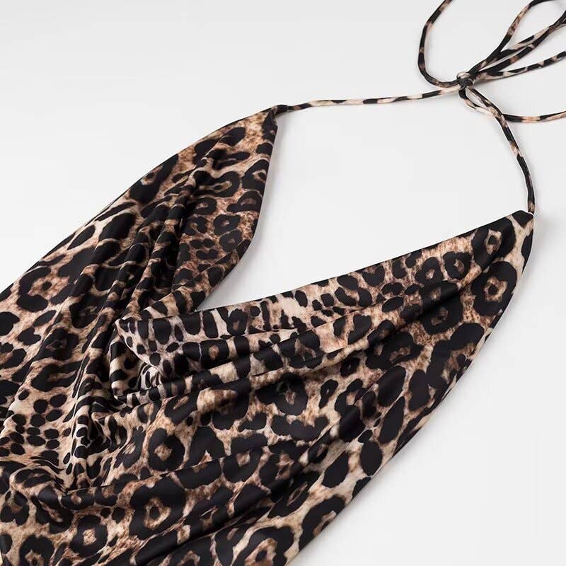 Sexy leopard print pleated halter dress
