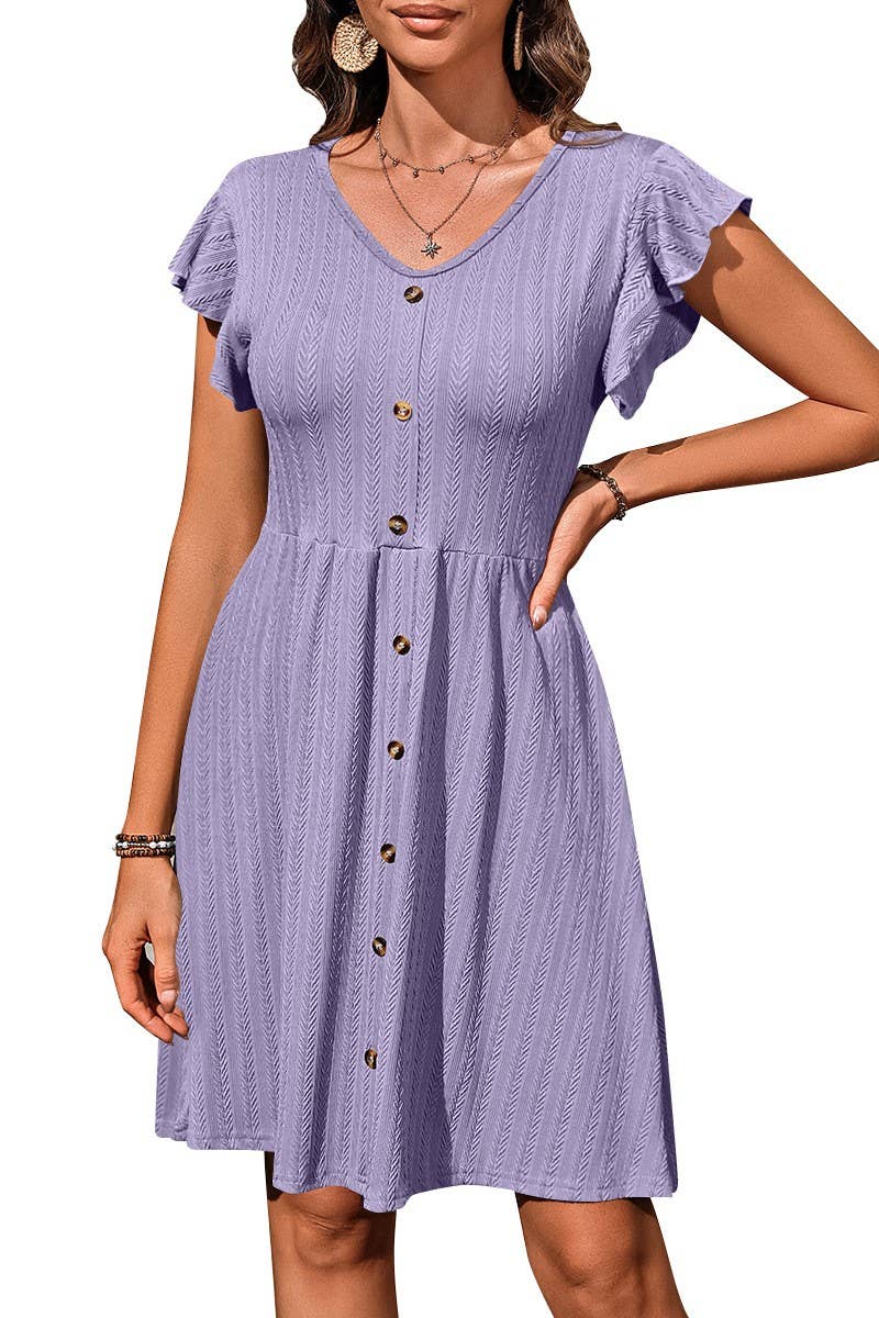 CWDSD6686_V-NECK BUTTON WAIST ELASTIC SHORT SLEEVE DRESS