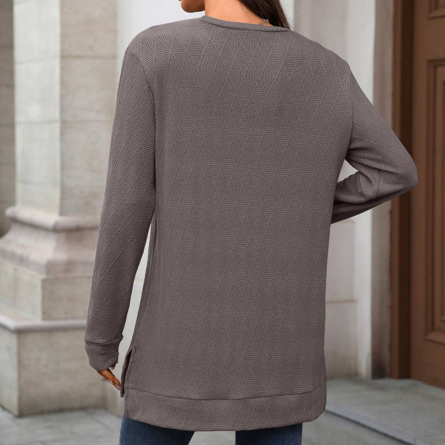 Round-neck knitted jacquard long-sleeved T-shirt