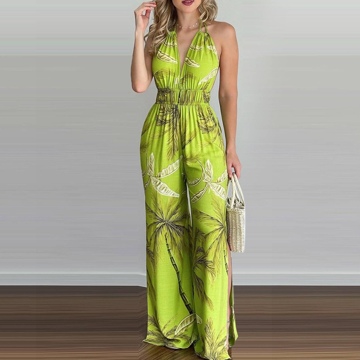 Printed colorful loose cinched-waist jumpsuit