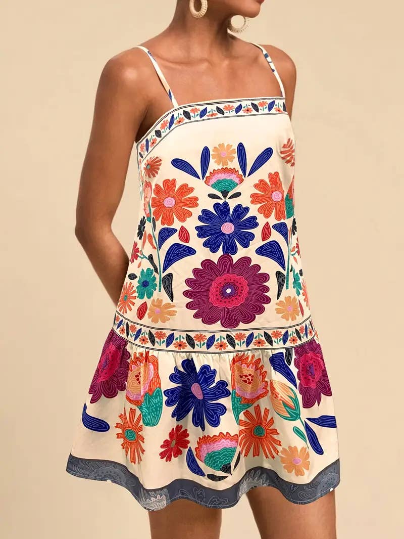 Fashion digital printed sunflower halter dress