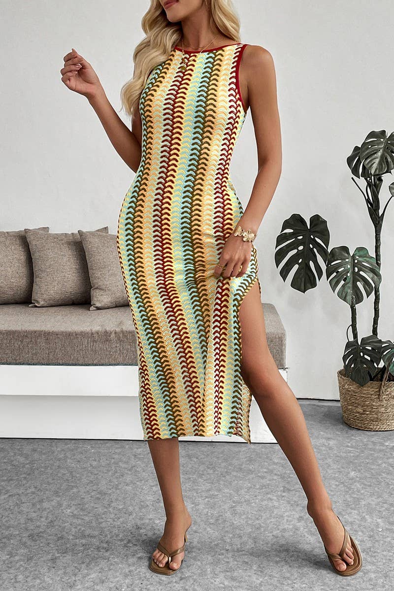 CWDMD6292_STRIPED CROCHET SLEEVELESS BODYCON TANK DRESS