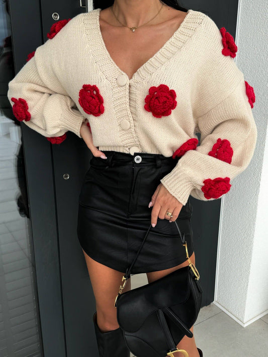 V-neck single-breasted floral knitted cardigan