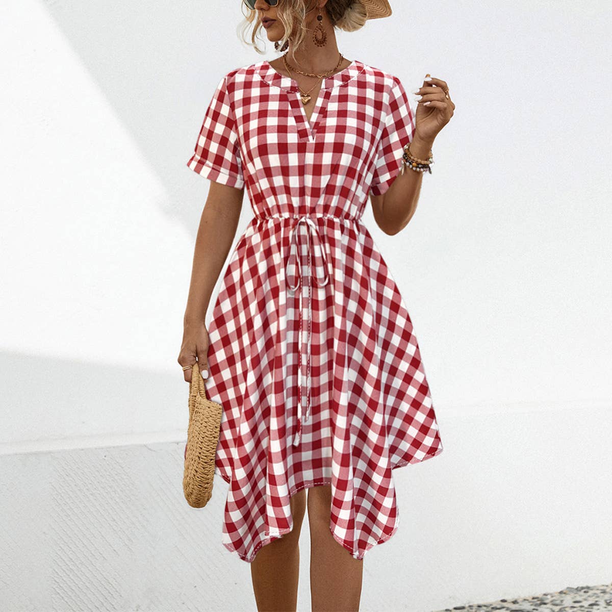 V-NECK PLAID IRREGULAR DRESS