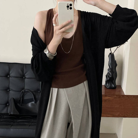 Long sleeve long wool knit cardigan without button