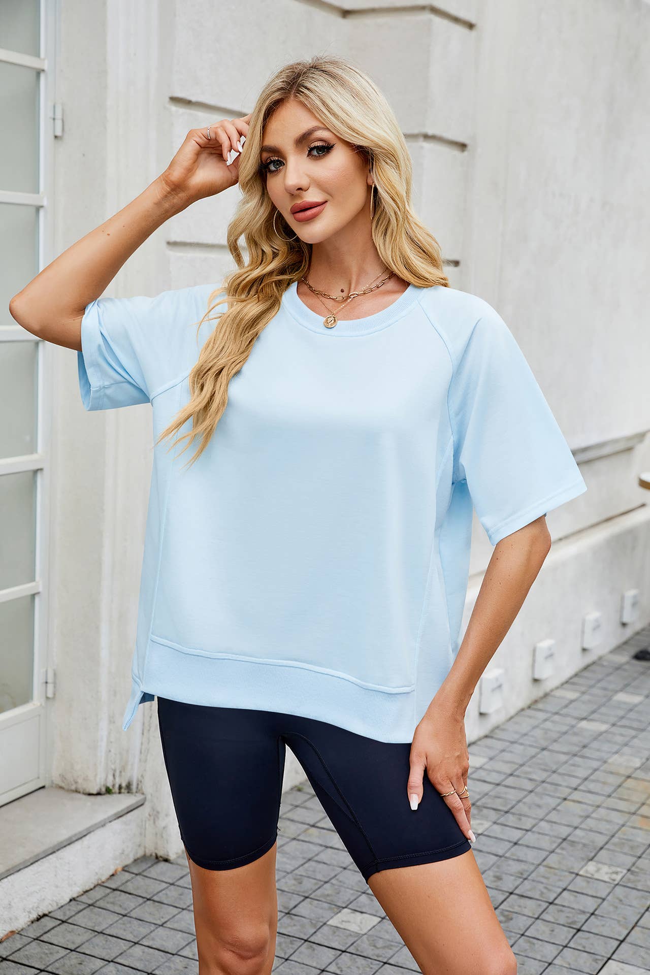 Solid color screw-neck loose short-sleeved hoodie