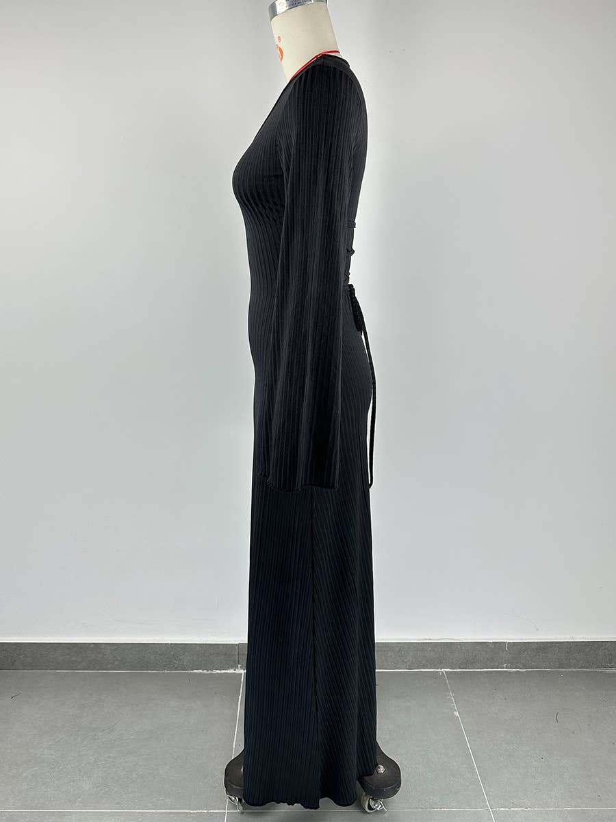 Big Pit Strip Long Sleeve U-Neck Dress_Cwdmd3185