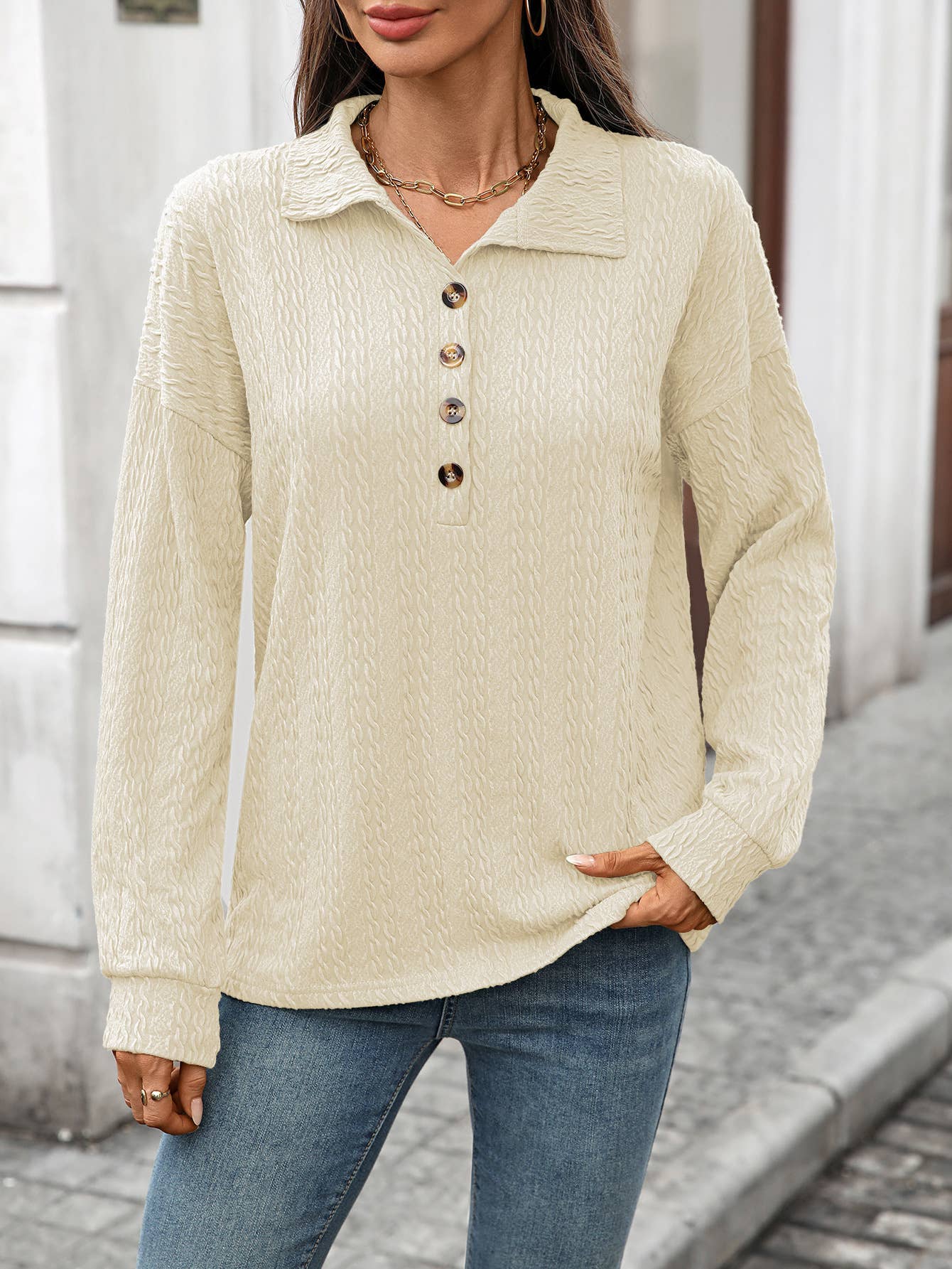 Solid-color lapel button long-sleeved sweatshirt