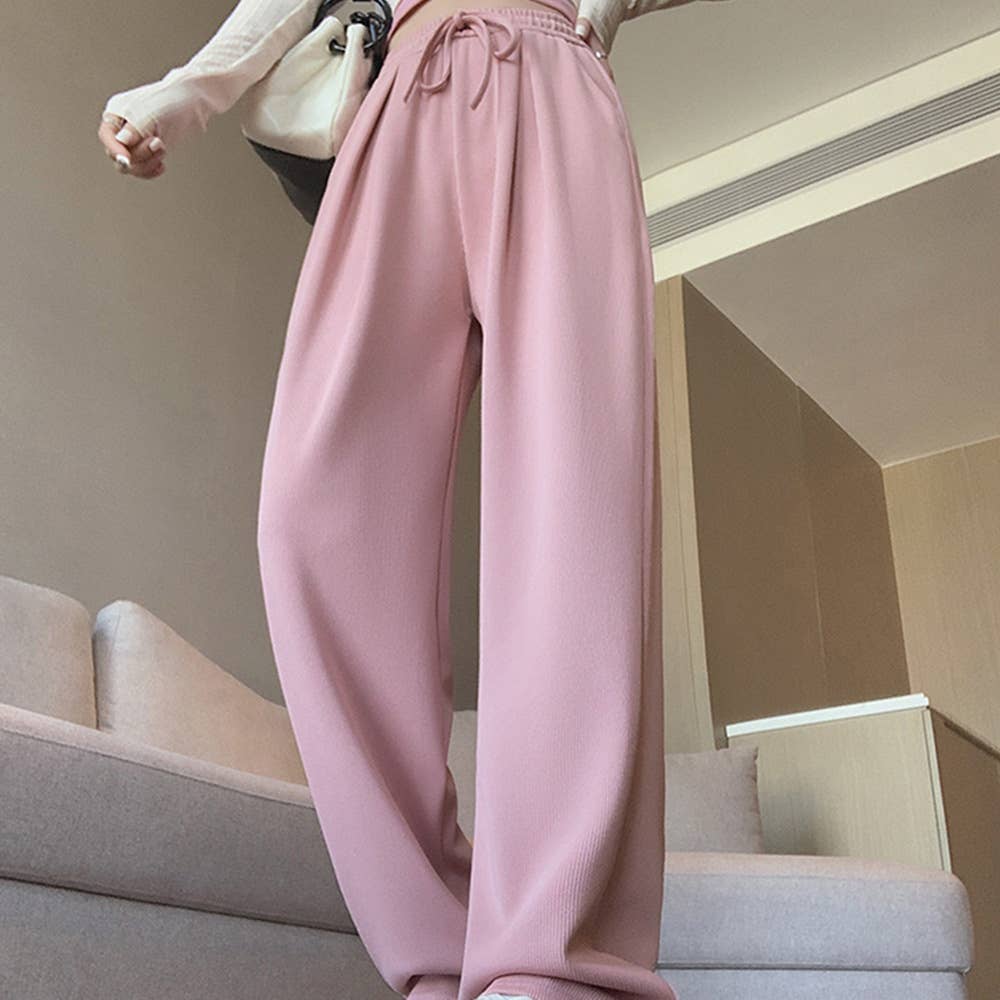 HIGH WAIST DROP KNIT DRAWSTRING WIDE-LEG PANTS