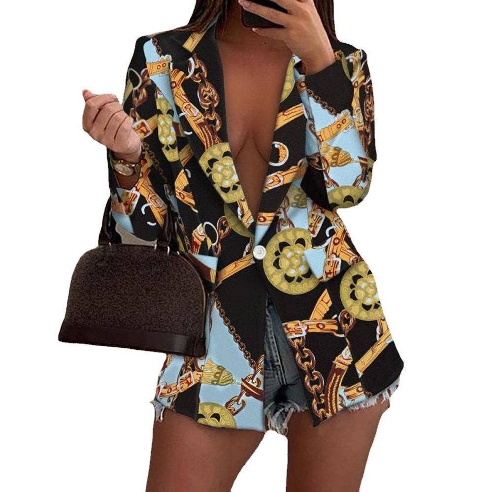LAPEL LONG SLEEVE FASHION SEXY PRINTED SUIT