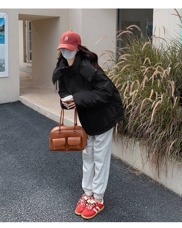 Solid-colored short down cotton-padded jacket