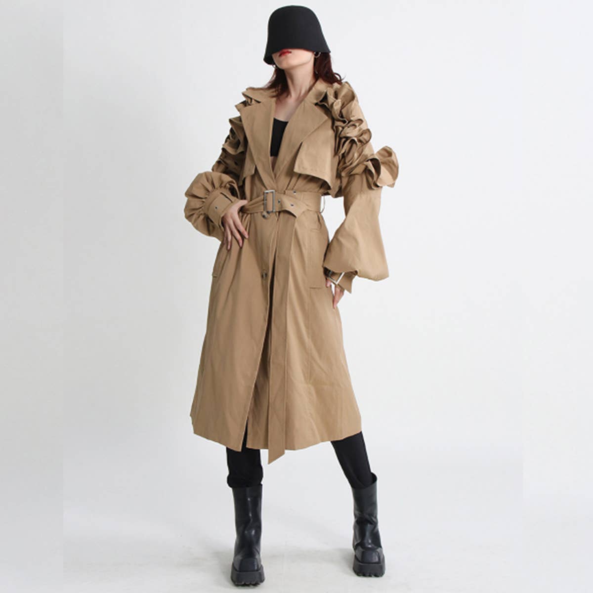 Trendy Belted Trench Coat with Ruffle & Patchwork