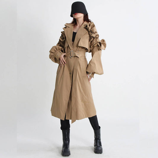 Trendy Belted Trench Coat with Ruffle & Patchwork