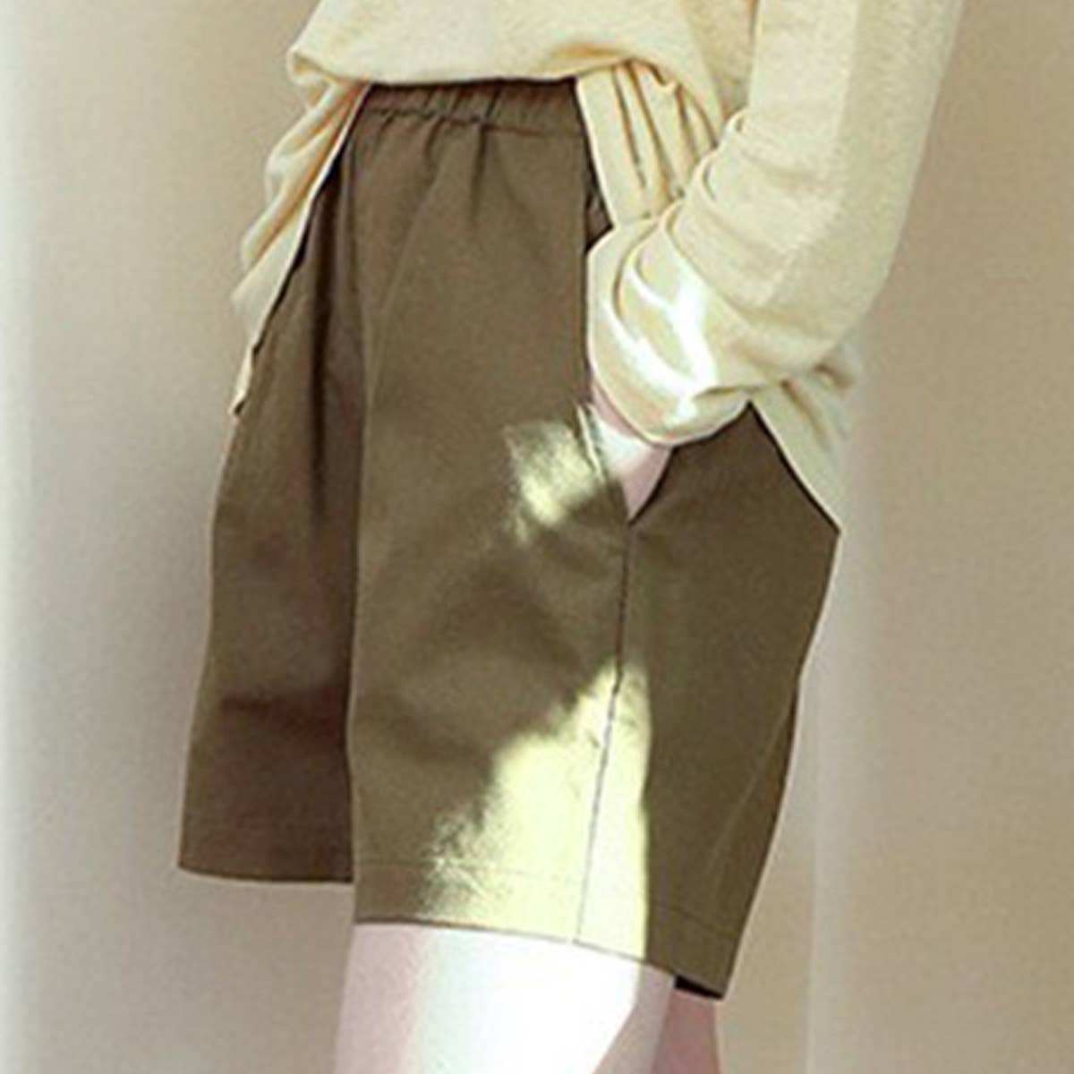 HIGH-WAISTED COTTON LINEN ELASTIC WAIST SHORTS