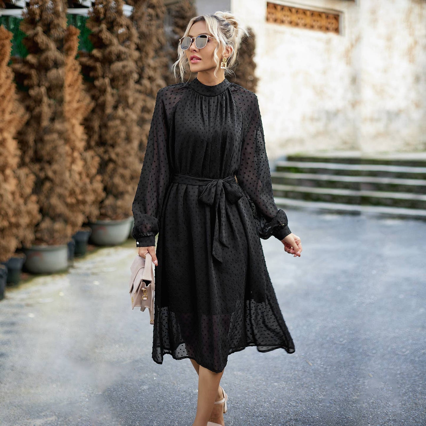 JACQUARD MESH LACE-UP WAIST ROUND NECK LONG DRESS