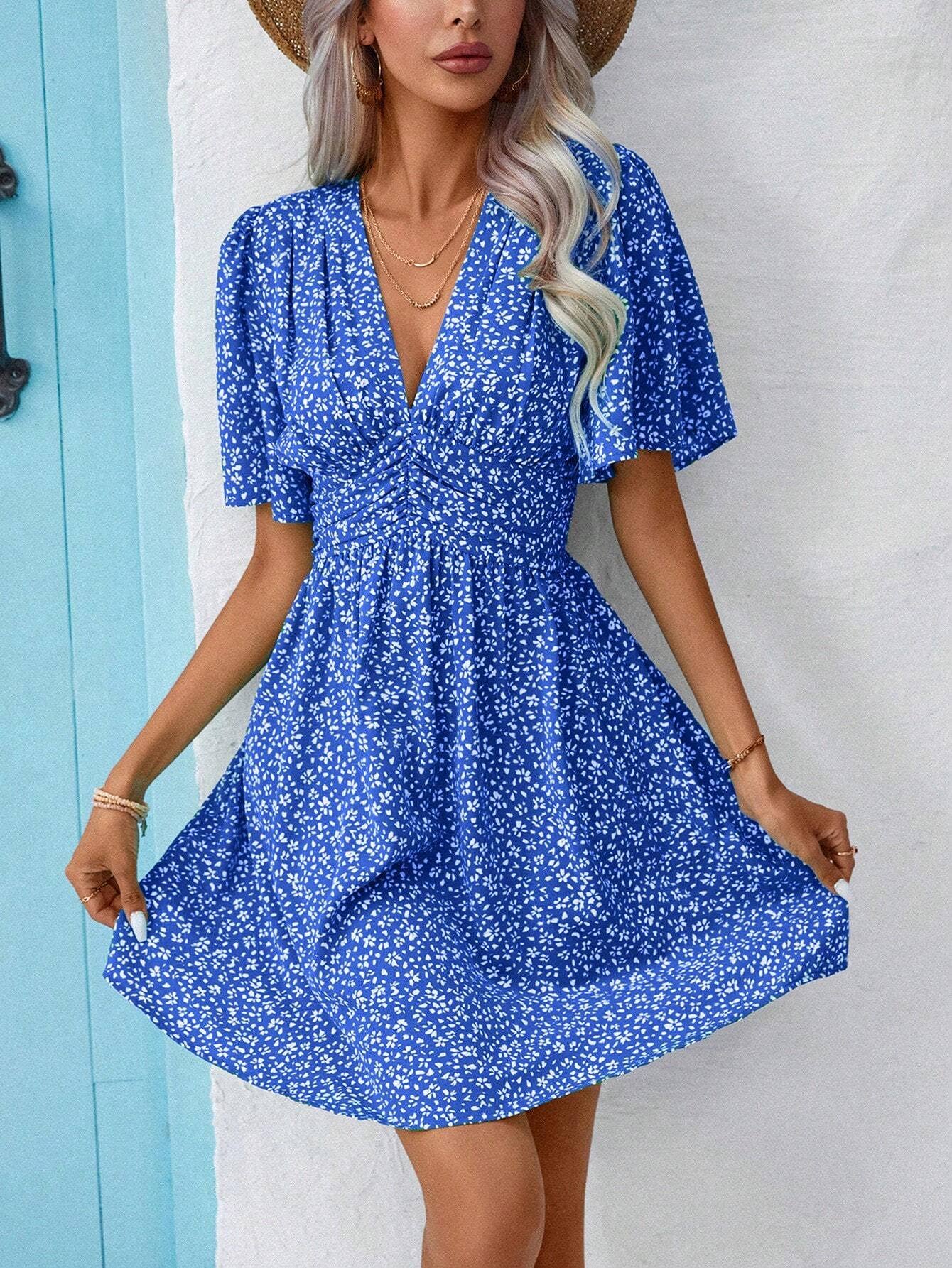 V-neck print high-waisted floral pleat dress