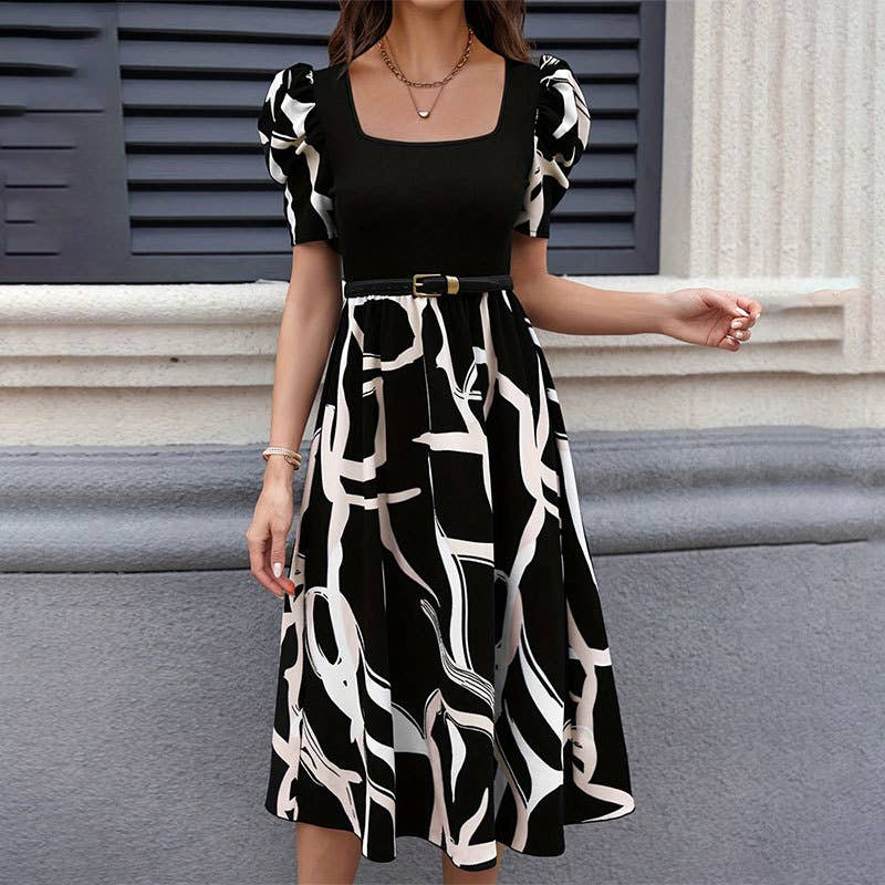 KNITTED PRINT STRETCH SQUARE COLLAR DRESS