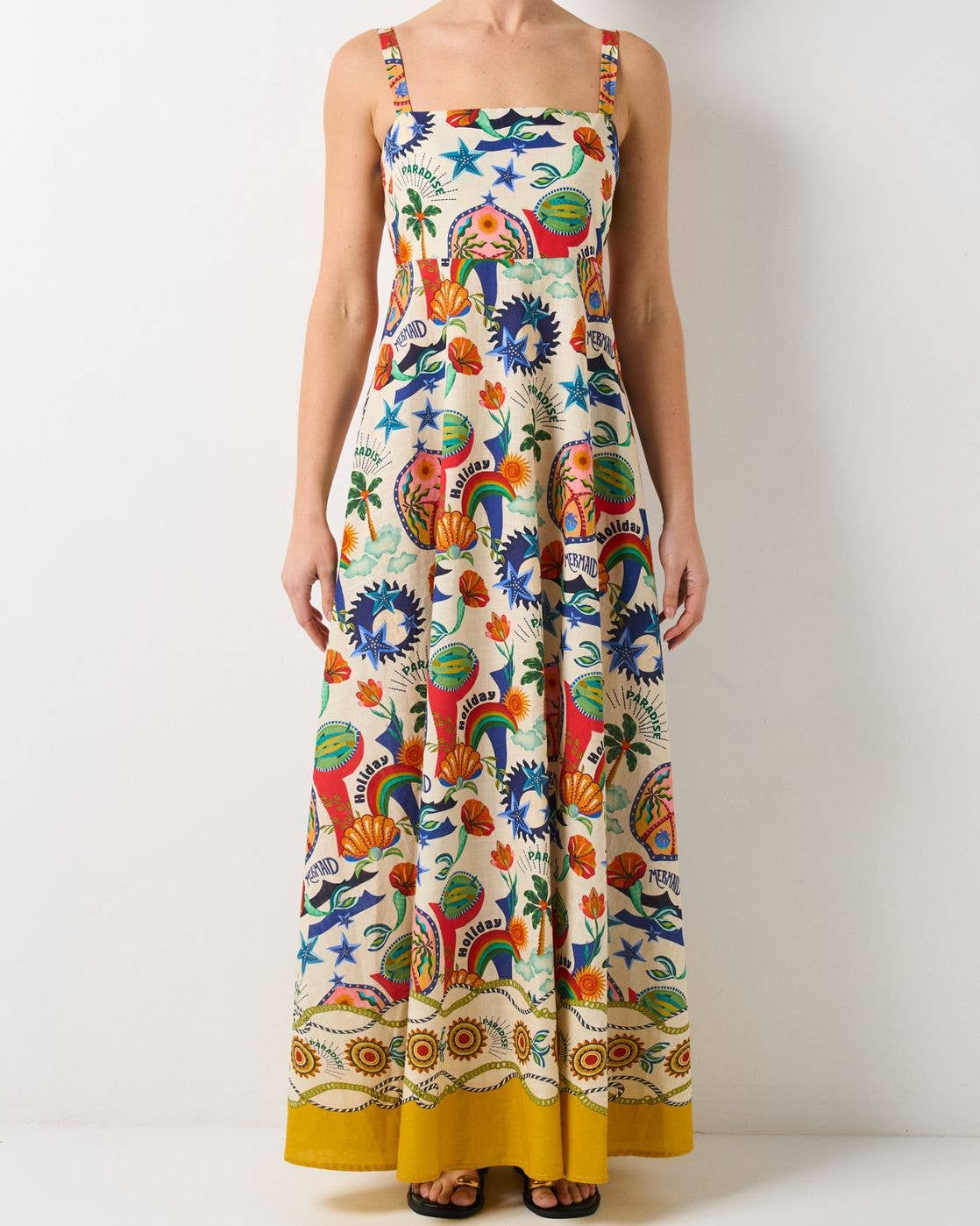 Temperament linen printed tank top swing dress