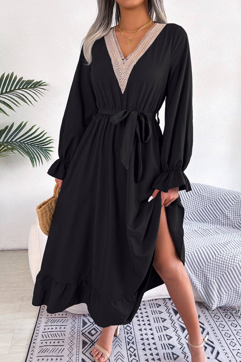 CWDMD4716_TEMPERAMENT V-NECK LACE WAIST RUFFLED LONG SKIRT