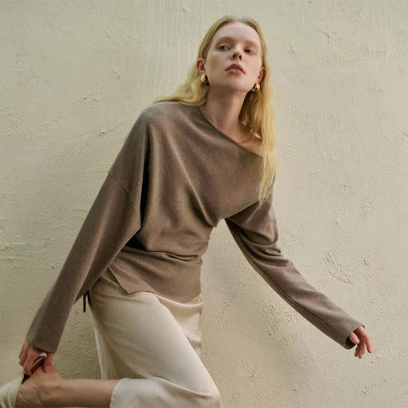 Solid color knit slant shoulder all-in-one casual top