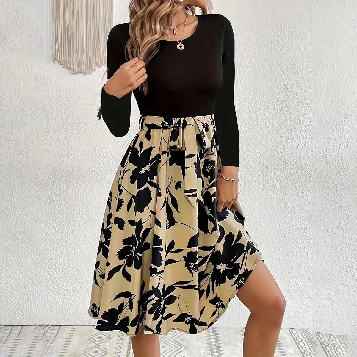 PRINTED SKIRT CREW NECK STRAPPY DRESS