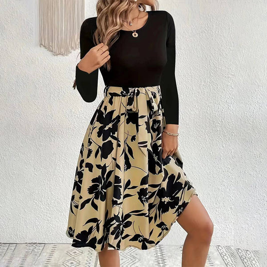 PRINTED SKIRT CREW NECK STRAPPY DRESS