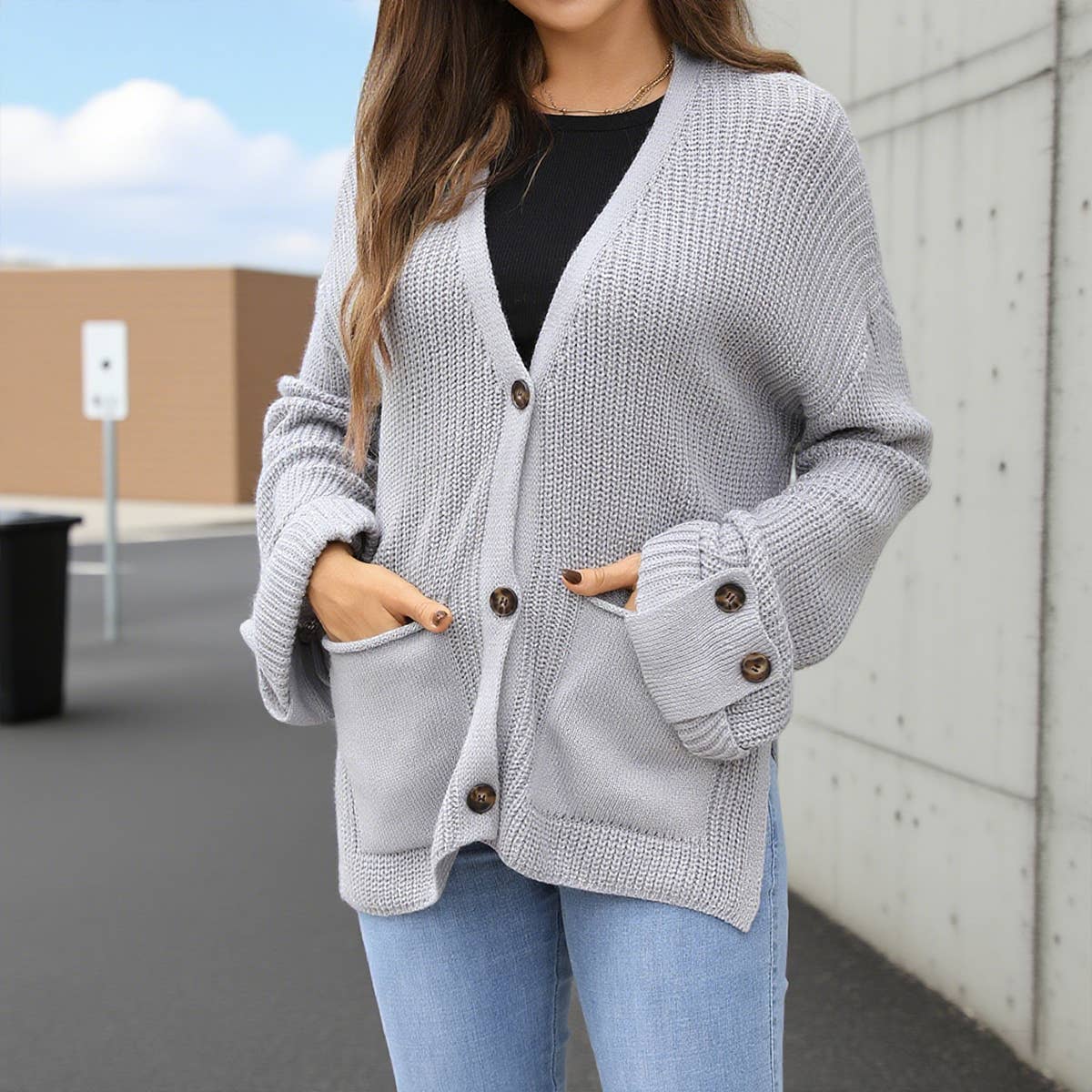 Fashion loose V-neck single-breasted cardigan