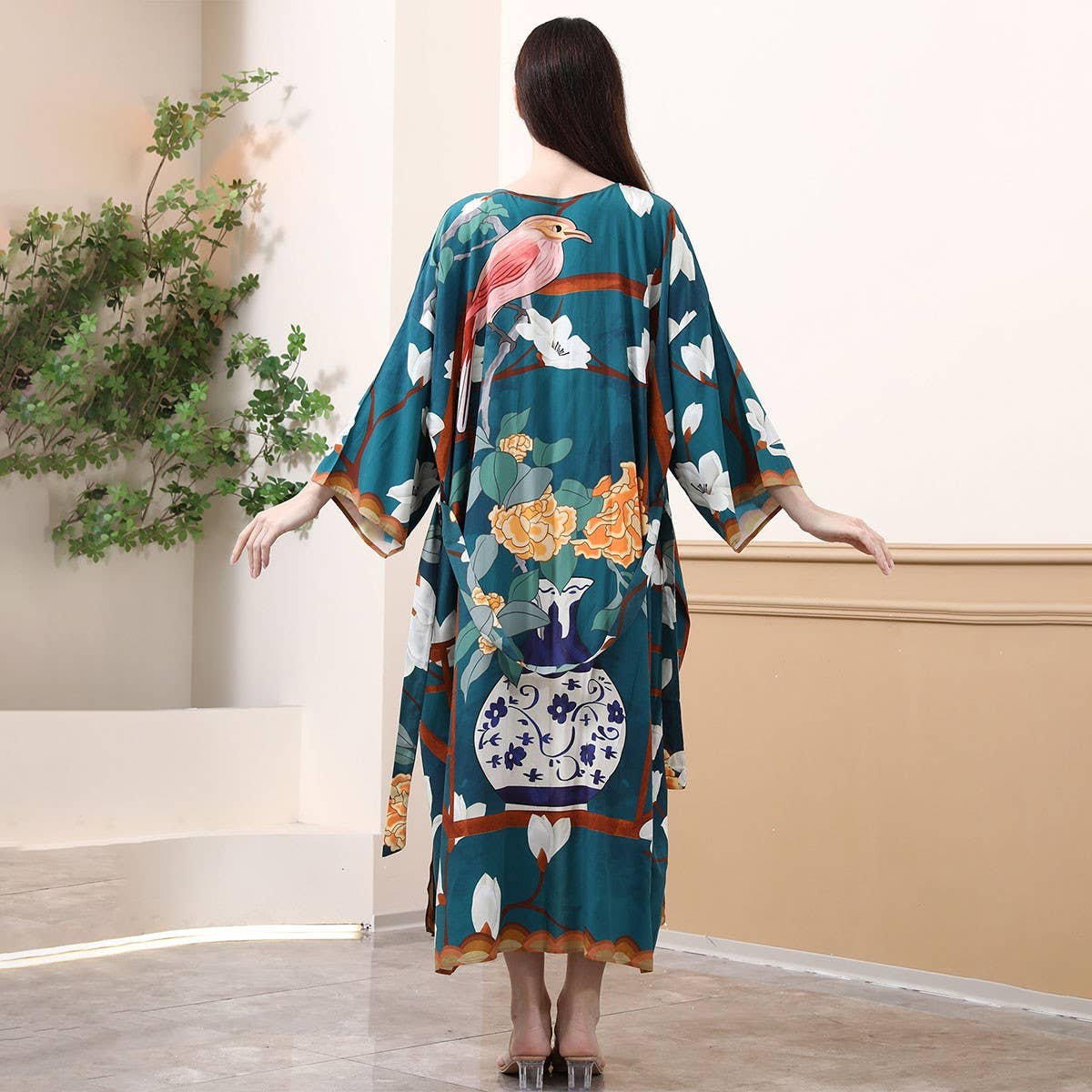 Peacock Floral Print Beach Cover-Up for Bikini_CWMM6304