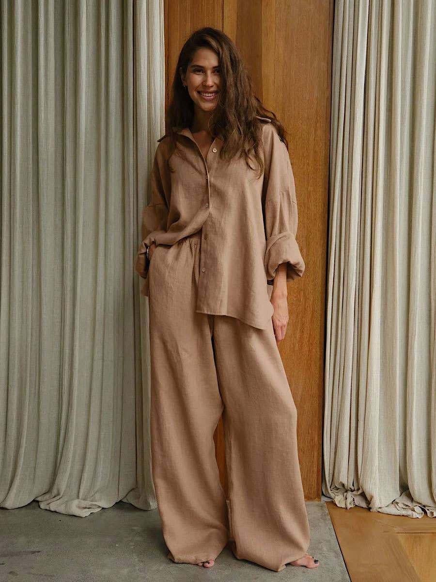 loose casual cotton shirt and wide-leg pants set