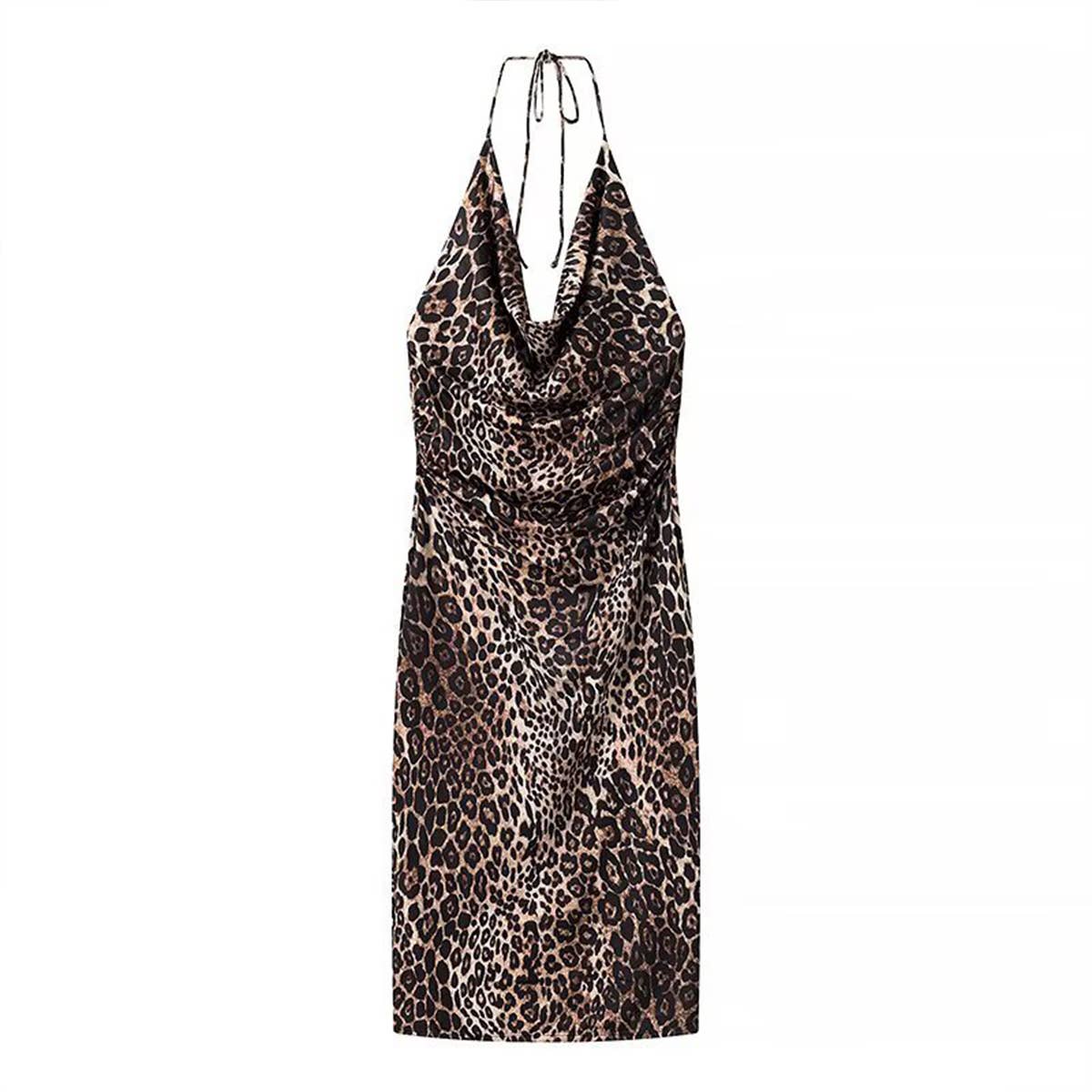 Sexy leopard print pleated halter dress