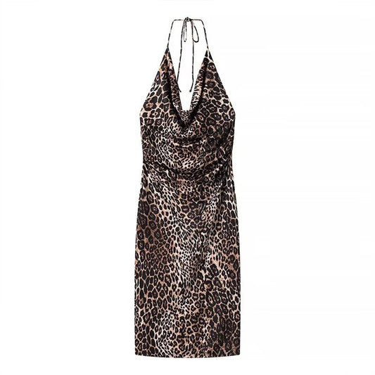 Sexy leopard print pleated halter dress