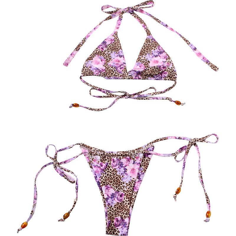 Leopard Floral Halter Tie Bikini Set