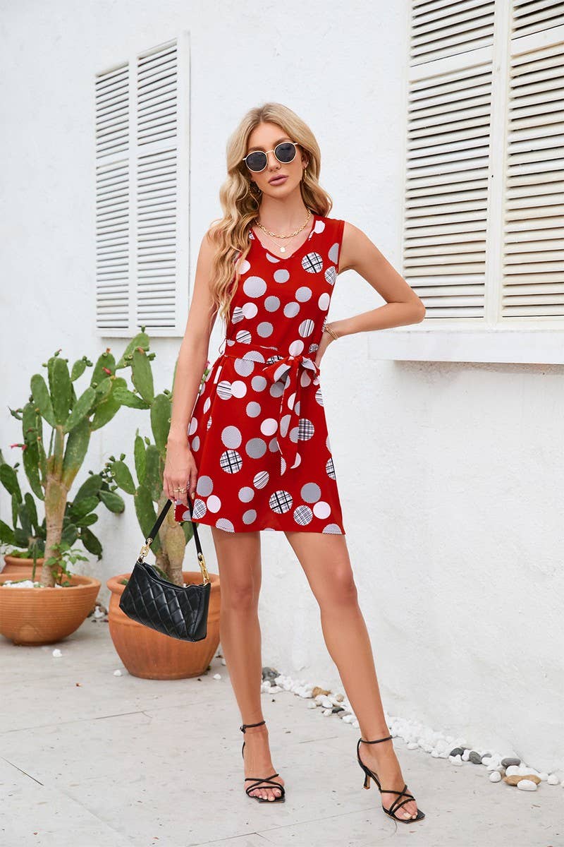 CWDSD4005_PRINT POLKA DOT WAIST SHORT DRESS