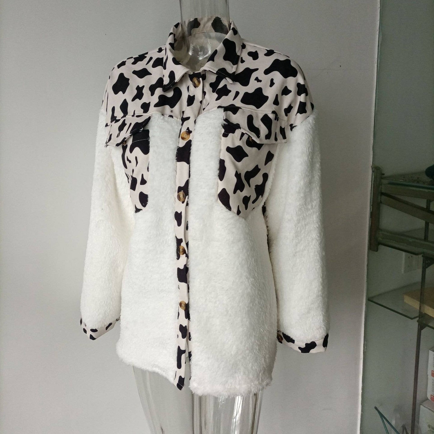 LAPEL LEOPARD PLAID PRINT FLEECE PATCHWORK COAT