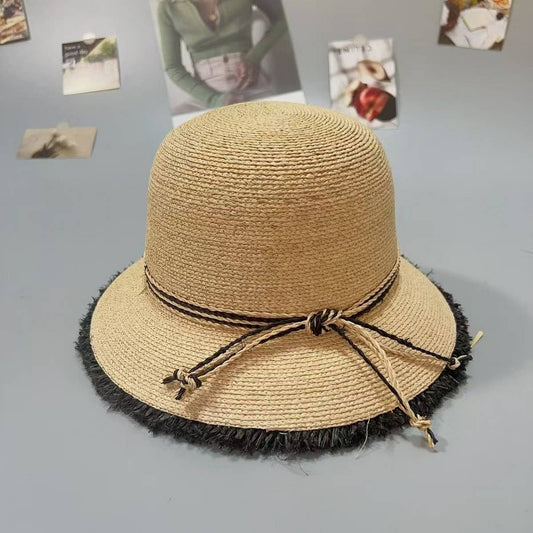 Summer high-end round top fur-edged straw hat_CWAH3577