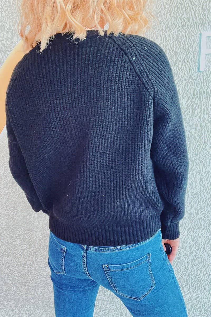 V-neck thick needle hemp flower short cardigan