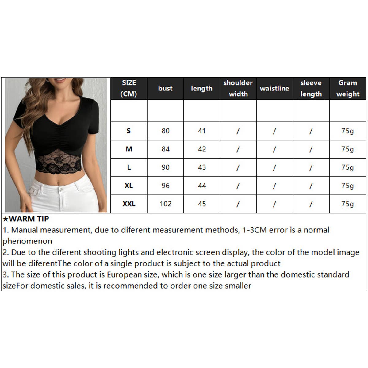 V-neck lace lace patchwork slim T-shirt