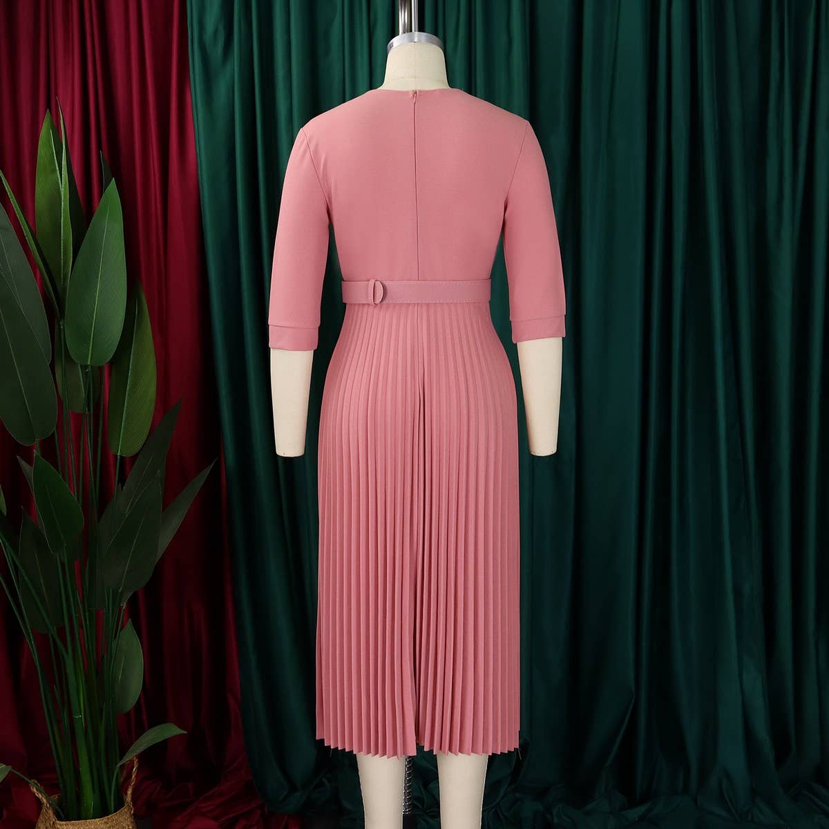 FASHION SUIT COLLAR PLEATED WAIST PLUS SIZE DRESS_CWDMD3653