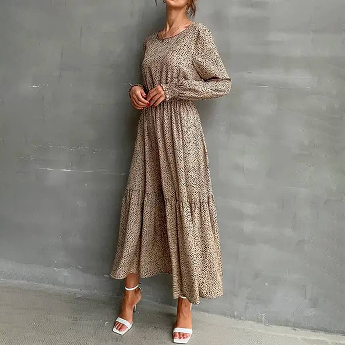 Leopard print dress with long sleeves and crew neck