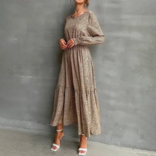 Leopard print dress with long sleeves and crew neck