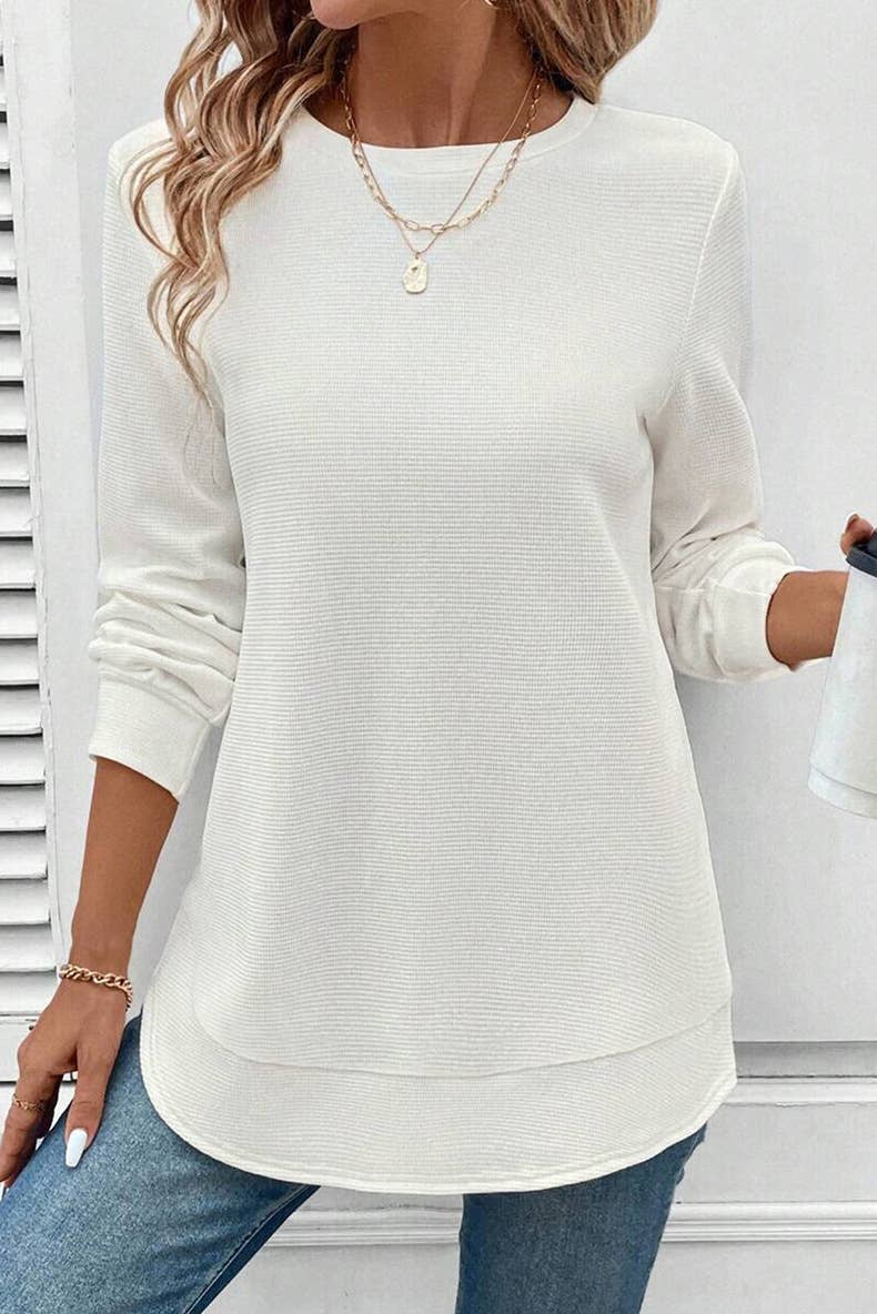 Waffle solid color long-sleeved sweatshirt