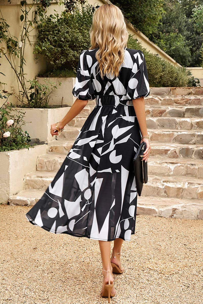 TEMPERAMENT WAIST V NECK PRINTED DRESS_CWDSD2401
