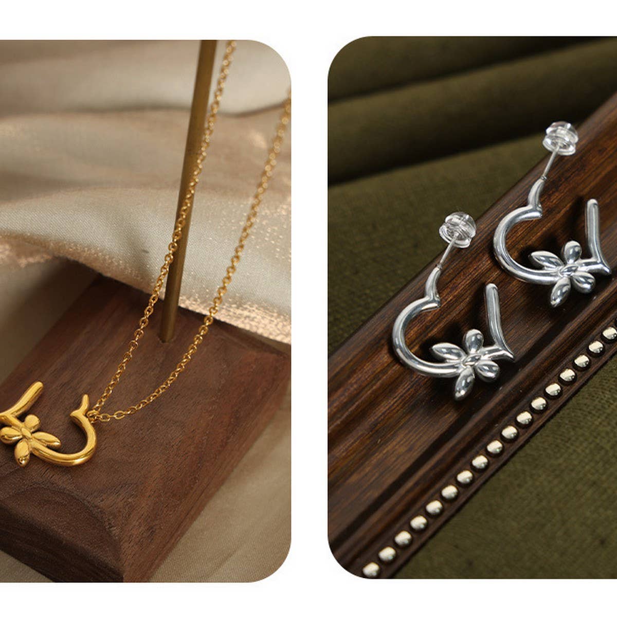 HEART BUTTERFLY FLOWER DESIGN EARRINGS NECKLACE