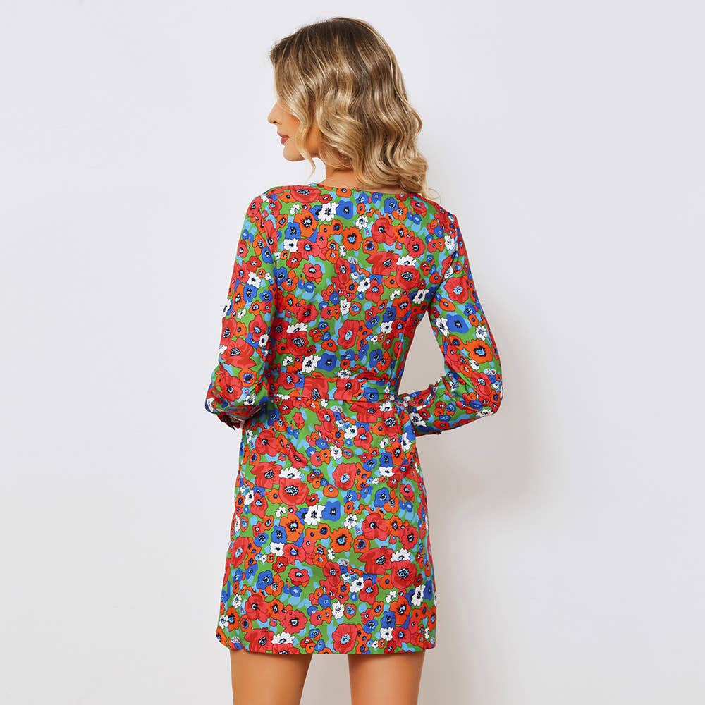 V-NECK LONG SLEEVE DRESS BOHO DRESS