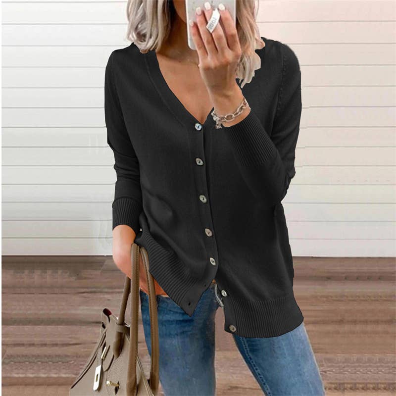 Solid-color button long-sleeved cardigan